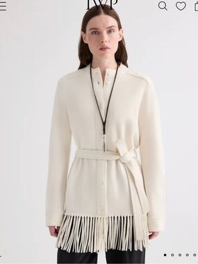 TWP Thea Belted Fringe-Hem Cardigan/Jacket Sweater in Ivory, Small